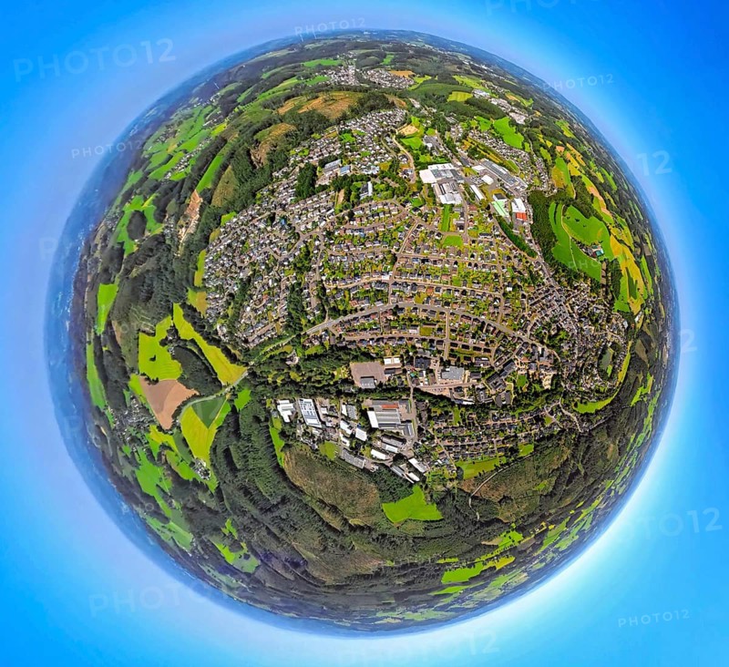 Aerial photo, residential area, local view, Niedereimer district, earth globe, fisheye shot, 360 degree shot, tiny world, little planet, fisheye image, Drolshagen, Ruhr area, North Rhine-Westphalia, Germany, Arnsberg, DE, Europe, fisheye lens, fisheye lens, property tax, real estate, little planet, aerial photography, aerial photography, super wide angle lens, tiny world, overview, bird's eye view, housing estate, living and living, residential area, residential quality, residential neighbourhood, housing estate, residential area, birds-eyes view, fisheye lens, insta360 camera, overview