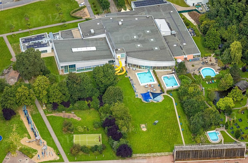 Aerial view, NASS leisure pool, outdoor and indoor pool, Hüsten, Arnsberg, Ruhr area, North Rhine-Westphalia, Germany, bathing establishment, bathing resort, DE, Europe, outdoor pool, leisure activities, indoor pool, aerial view, aerial photography, aerial photography, swimming pool, overview, bird's-eye view, overview