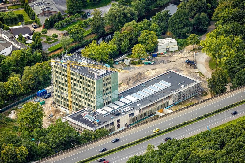 Aerial view, Arnsberg town hall on the A46 motorway, construction site with new building, Neheim, Arnsberg, Ruhr area, North Rhine-Westphalia, Germany, construction work, construction area, building site, building plots, construction project, building site, authority, community centre, DE, Europe, aerial view, aerial photography, aerial photography, new building, town hall, town administration, overview, bird's-eye view, overview