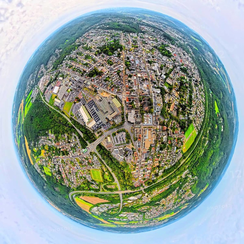 Aerial view, residential area city centre view Neheim City East, earth globe, fisheye image, 360 degree image, tiny world, little planet, fisheye image, Neheim, Arnsberg, Sauerland, North Rhine-Westphalia, Germany, Old Town, City, DE, Europe, fisheye lens, fisheye lens, city centre view, aerial view, aerial photography, aerial photography, location view, Ruhr area, townscape, city centre, city centre, super wide angle lens, overview, bird's eye view, birds-eyes view, fisheye lens, insta360 camera, overview