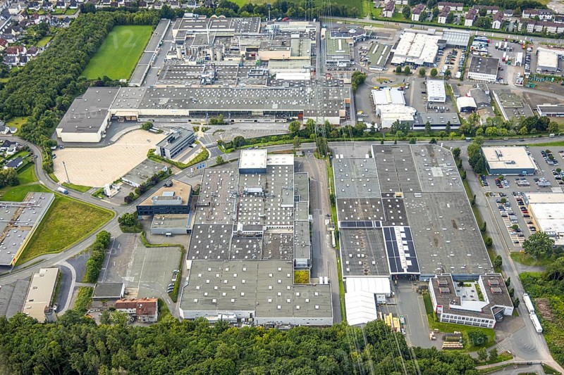 Aerial view, commercial area Westring, Bruchhausen, Arnsberg, Ruhr area, North Rhine-Westphalia, Germany, DE, Europe, commercial enterprises, commercial area, commercial area, commercial property, commercial park, commercial location, commercial use, industrial area, industrial location, aerial photograph, aerial photography, aerial photography, overview, bird's-eye view, overview