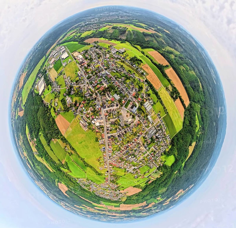 Aerial photo, residential area, local view, district of Vosswinkel, earth globe, fisheye shot, 360 degree shot, tiny world, little planet, fisheye image, Vosswinkel, Arnsberg, Sauerland, North Rhine-Westphalia, Germany, DE, Europe, fisheye lens, fisheye lens, property tax, real estate, aerial photography, aerial photography, aerial photography, Ruhr area, super wide angle lens, overview, bird's eye view, housing estate, housing and living, residential area, quality of living, residential neighbourhood, housing estate, residential area, birds-eyes view, fisheye lens, insta360 camera, overview
