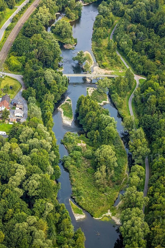 Aerial view, river Ruhr and nature island with Schützenbrücke, Neheim, Arnsberg, Ruhr area, North Rhine-Westphalia, Germany, bridge, DE, Europe, river, aerial view, aerial photography, aerial photography, overview, bird's-eye view, forest area, birds-eyes view, overview