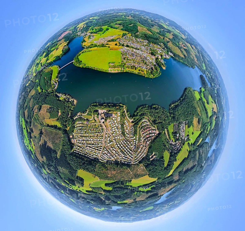 Aerial photo, Listertalsperre and campsites Windebruch with lake view, Eckmann e.K. and Listersee, Camping Gut Kalberschnacke, earth globe, fisheye image, 360 degree image, tiny world, little planet, fisheye image, Windebruch, Meinerzhagen, Ruhr area, North Rhine-Westphalia, Germany, DE, Drolshagen, Europe, fisheye lens, fisheye lens, Little Planet, aerial photography, aerial photography, aerial photography, Sauerland, super wide angle lens, Tiny World, overview, bird's eye view, birds-eyes view, fisheye lens, insta360 camera, overview