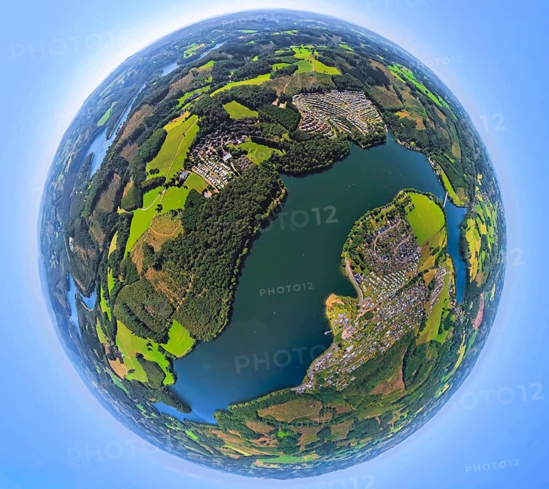 Aerial photo, Listertalsperre and campsites Windebruch with lake view, Eckmann e.K. and Listersee, Camping Gut Kalberschnacke, earth globe, fisheye image, 360 degree image, tiny world, little planet, fisheye image, Windebruch, Meinerzhagen, Ruhr area, North Rhine-Westphalia, Germany, DE, Drolshagen, Europe, fisheye lens, fisheye lens, little planet, aerial photography, aerial photography, super wide angle lens, tiny world, overview, bird's eye view, birds-eyes view, fisheye lens, insta360 camera, overview