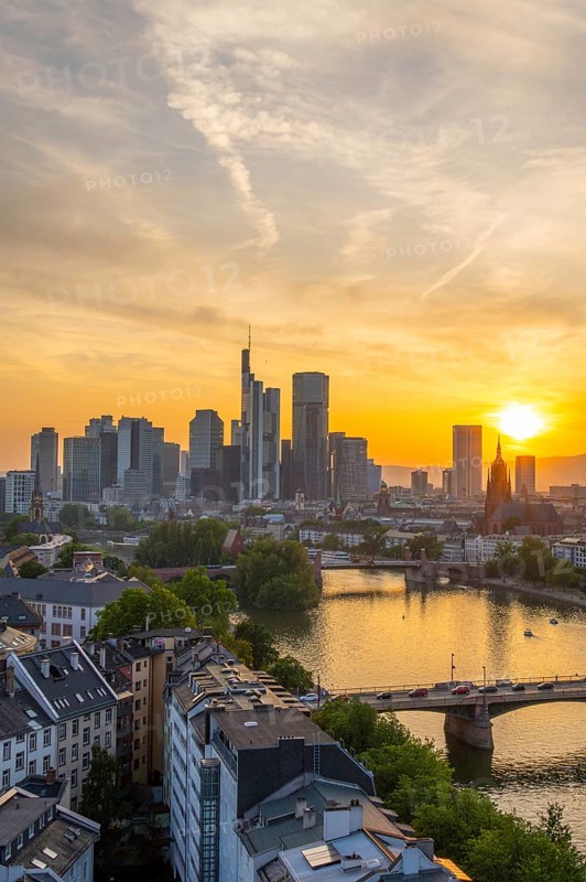 Frankfurt City Downtown, Residential Buildings, Bridges and Main River at Sunset. Wide Shot. Aerial View. Golden Hour. Hesse, Germany