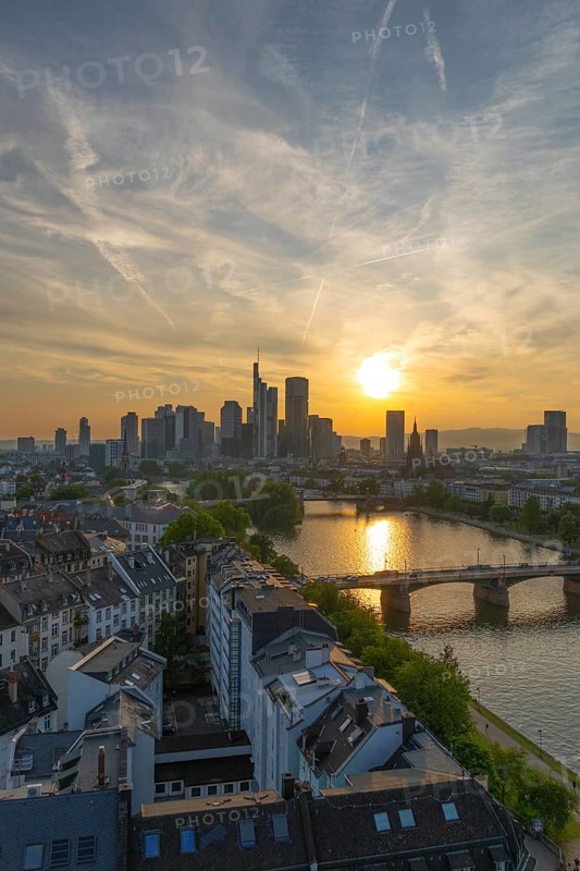 Frankfurt City Skyline, Residential Buildings, Bridges and Main River at Sunset. Wide Shot. Aerial View. Golden Hour. Hesse, Germany