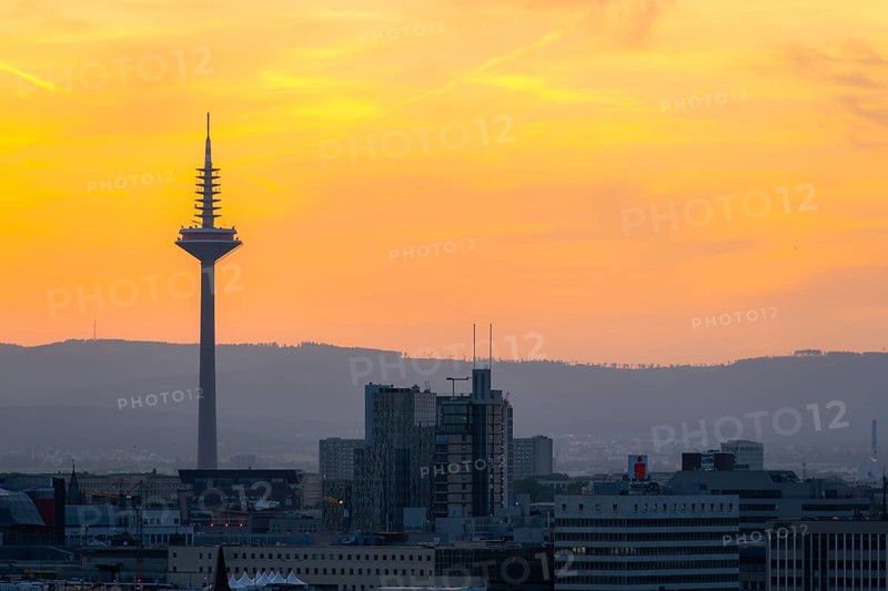 FRANKFURT, GERMANY - JUNE 12, 2025: Europaturm Telecommunications Tower in Frankfurt City at Sunset. Golden Hour. Hesse, Germany