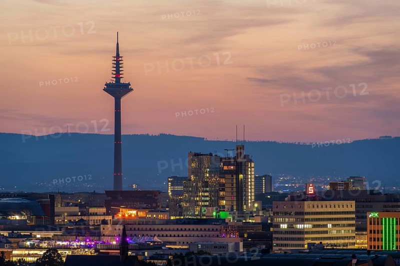 FRANKFURT, GERMANY - JUNE 12, 2025: Europaturm Telecommunications Tower in Frankfurt City at Evening Twilight. Blue Hour. Hesse, Germany
