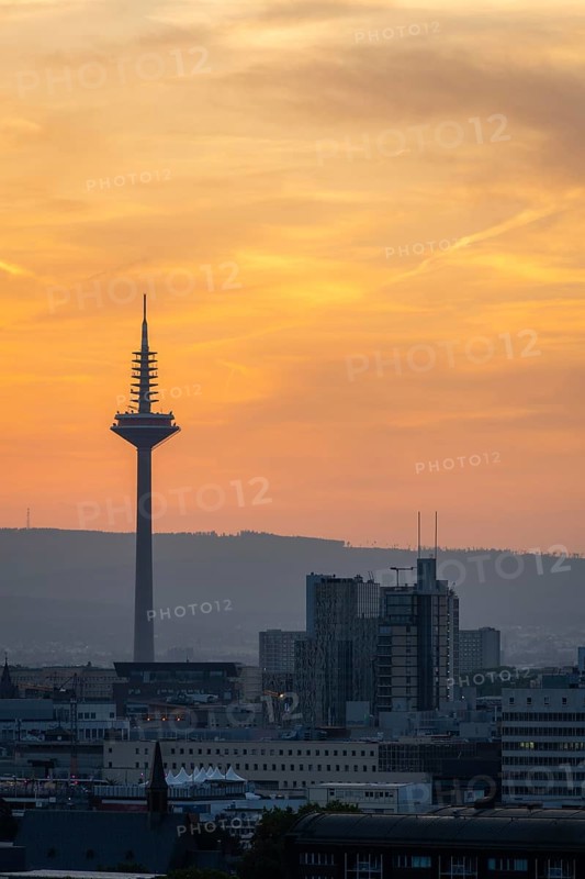 FRANKFURT, GERMANY - JUNE 12, 2025: Europaturm Telecommunications Tower in Frankfurt City at Sunset. Golden Hour. Hesse, Germany