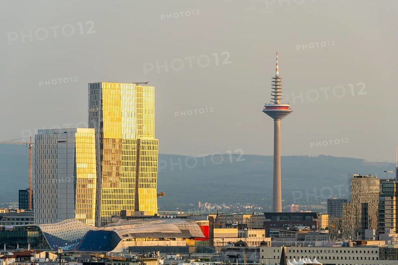 FRANKFURT, GERMANY - JUNE 12, 2025: Europaturm Telecommunications Tower in Frankfurt City at Sunrise. Golden Hour. Hesse, Germany