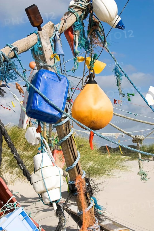 Works of art made from rubbish washed up from the sea in the dune landscape of the North Frisian island of Amrum, Amrum, Süddorf, North Frisia, Germany