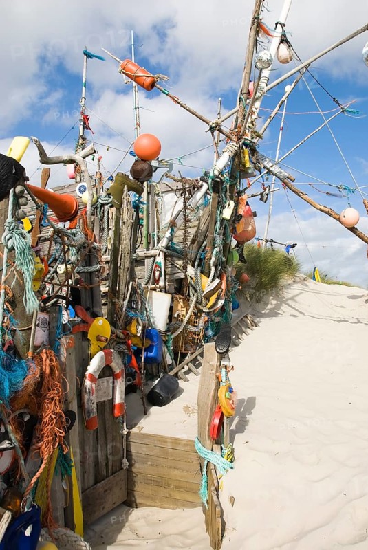 Works of art made from rubbish washed up from the sea in the dune landscape of the North Frisian island of Amrum, Amrum, Süddorf, North Frisia, Germany