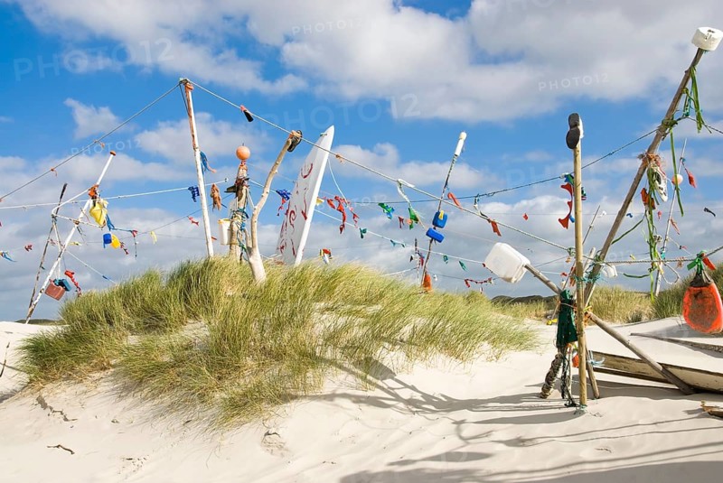 Works of art made from rubbish washed up from the sea in the dune landscape of the North Frisian island of Amrum, Amrum, Süddorf, North Frisia, Germany