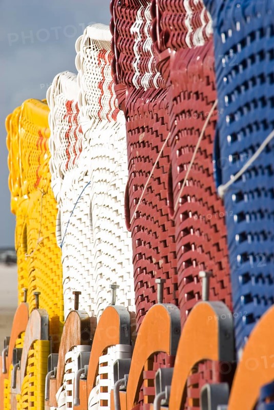 The beach chairs in the village of Norddorf on the North Frisian island of Amrum go into hibernation, Amrum, Norddorf, Nordfriesland, Germany