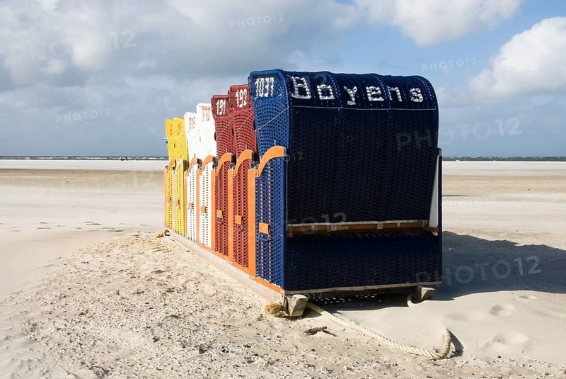 The beach chairs in the village of Norddorf on the North Frisian island of Amrum go into hibernation, Amrum, Norddorf, Nordfriesland, Germany