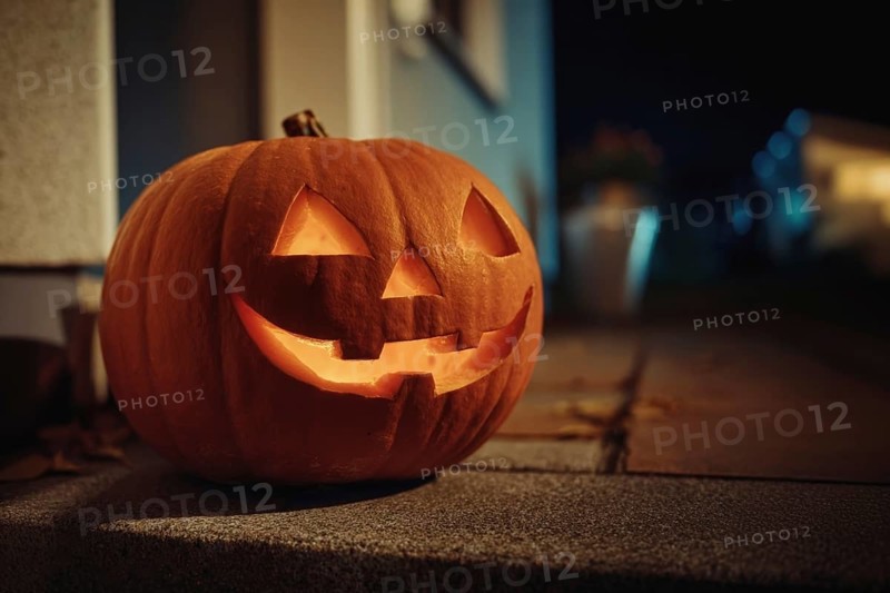 A carved, glowing pumpkin with a smiling face stands on a wall in front of a house at night, symbolising Halloween and the autumnal mood, AI generated, AI generated
