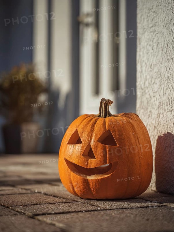 A carved pumpkin with a smiling face stands on a house wall in front of a residential building, symbolising Halloween and autumnal mood, AI generated, AI generated