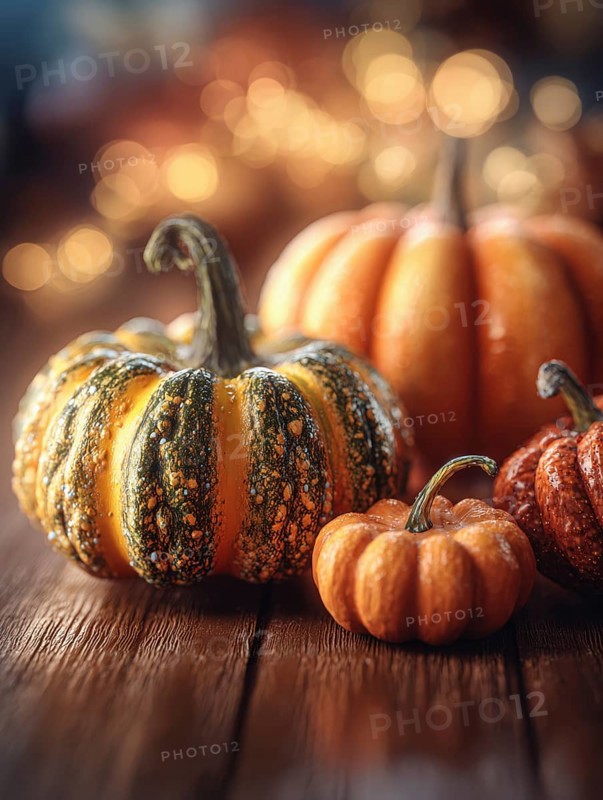 Various ornamental pumpkins, decoratively arranged on a wooden panel, KI generated, KI generated