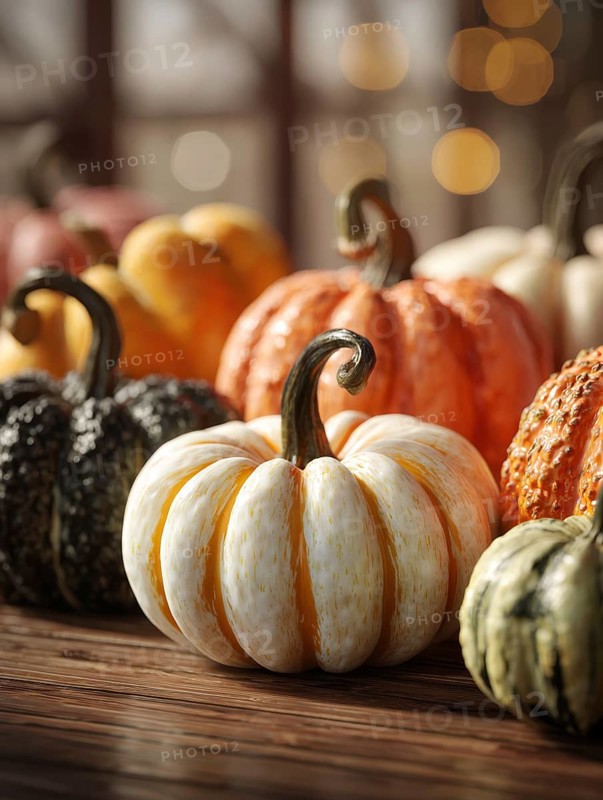 Various ornamental pumpkins, decoratively arranged on a wooden panel, KI generated, KI generated
