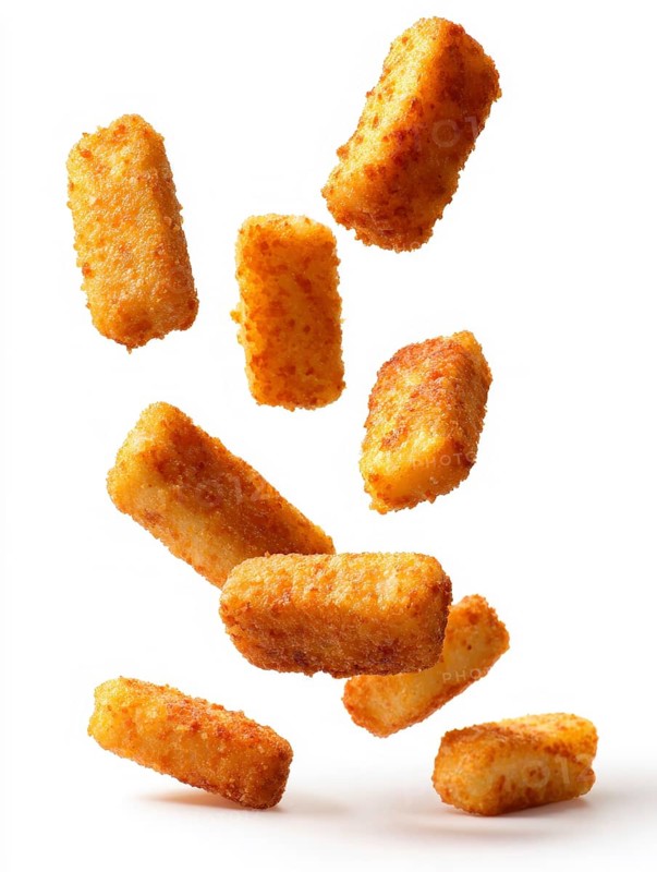 Deep-fried, greasy breaded fish fingers fall onto the background against a white background, crispy and appetising, symbolic image for unhealthy nutrition, fast food, snack bar, street food, saturated fatty acids, acrylamide, KI generated, KI generated