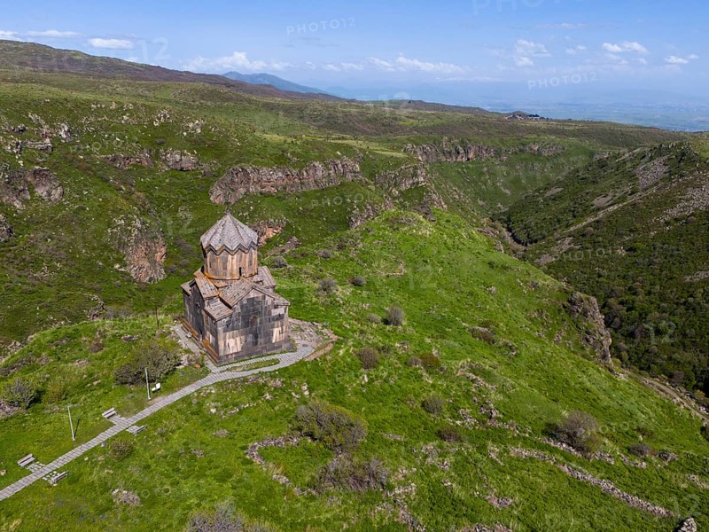 Small church on a green mountain overlooking a valley, aerial view, Church of the Mother of God, Vahramashen Church, Vahramashen Surp Astvatsatsin, Church of Amberd, Arkashian Gorge, Aragazotn Province, Armenia