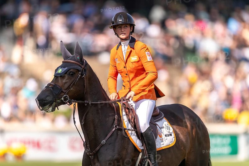Sanne Thijssen of the Netherlands, riding Cupcake Z, competes in the first round of the 2025 BMO Nations Cup during the Spruce Meadows Masters on September 6, 2025 in Calgary, Alberta, Canada, North America