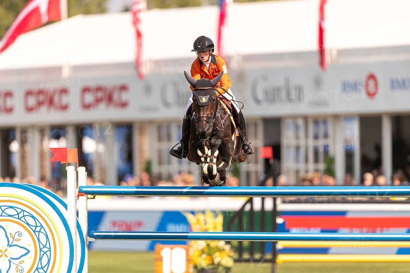 Sanne Thijssen of the Netherlands, riding Cupcake Z, competes in the first round of the 2025 BMO Nations Cup during the Spruce Meadows Masters on September 6, 2025 in Calgary, Alberta, Canada, North America