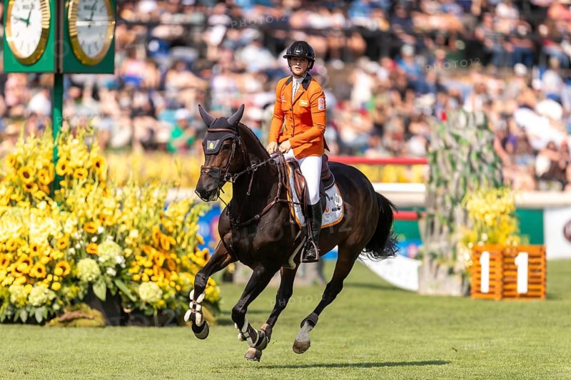 Sanne Thijssen of the Netherlands, riding Cupcake Z, competes in the first round of the 2025 BMO Nations Cup during the Spruce Meadows Masters on September 6, 2025 in Calgary, Alberta, Canada, North America