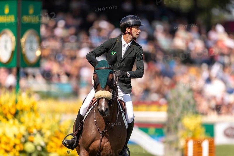 Pedro Junquiera Muylaert of Brazil, riding Quax 76, competes in the first round of the 2025 BMO Nations Cup during the Spruce Meadows Masters on September 6, 2025 in Calgary, Alberta, Canada, North America