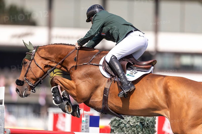 Jordan Coyle of Ireland, riding Chaccolino, competes in the first round of the 2025 BMO Nations Cup during the Spruce Meadows Masters on September 6, 2025 in Calgary, Alberta, Canada, North America