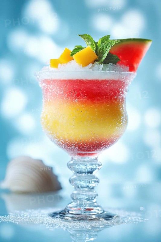 A colorful layered cocktail with mango, watermelon, and mint garnish, presented in a elegant glass, perfect for summer, AI generated