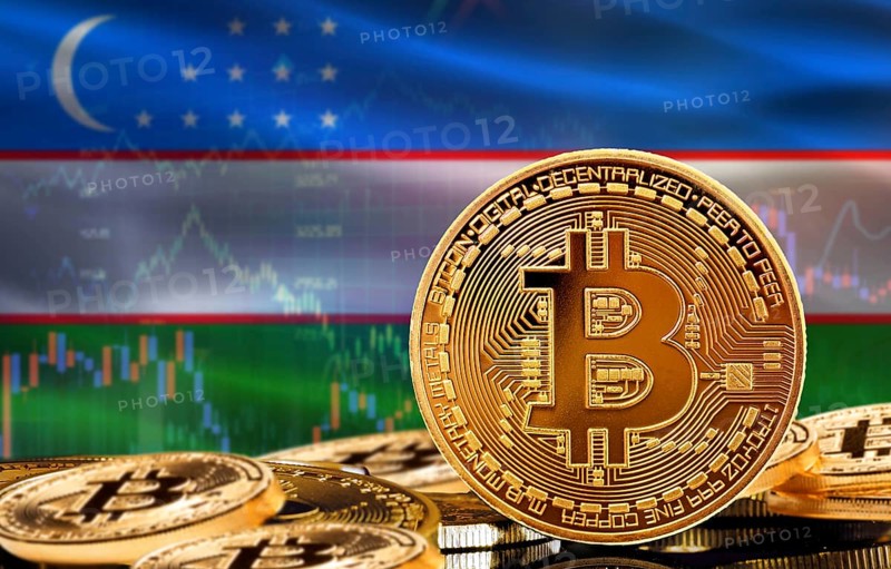 Investors in cryptocurrency and Blockchain Technology in Uzbekistan, Concept. Bitcoin with Uzbekistan flag in the background