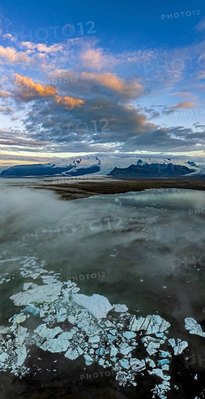 Ice floes, glacier, glacier lake, glacier lagoon, morning light, cloudy mood, panorama, summer, fog, aerial view, Jökulsarlon, Iceland