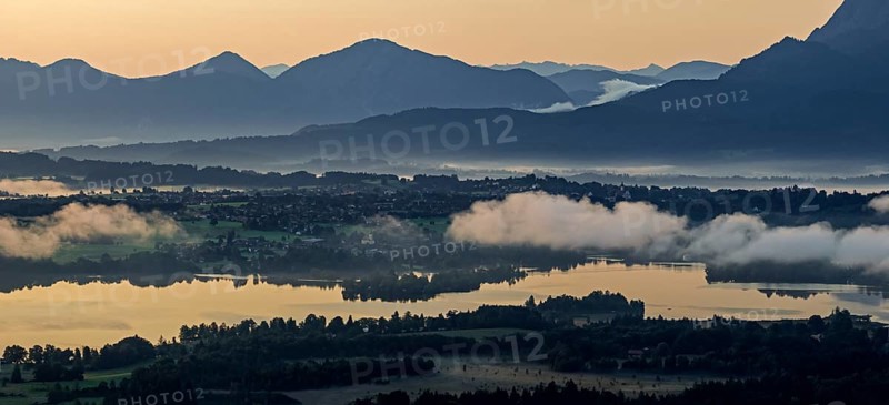 Lake, mountains, morning light, sunrise, fog, summer, panorama, Staffelsee, Murnau, Alpine foothills, Bavaria, Germany