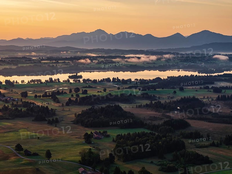 Lake, mountains, morning light, sunrise, fog, summer, Staffelsee, Murnau, Alpine foothills, Bavaria, Germany