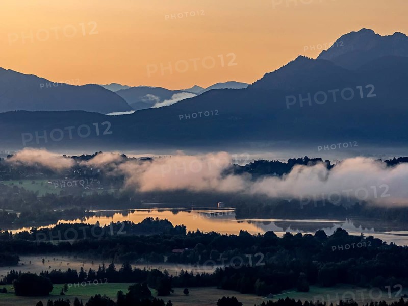 Lake, mountains, morning light, sunrise, fog, summer, Staffelsee, Murnau, Alpine foothills, Bavaria, Germany