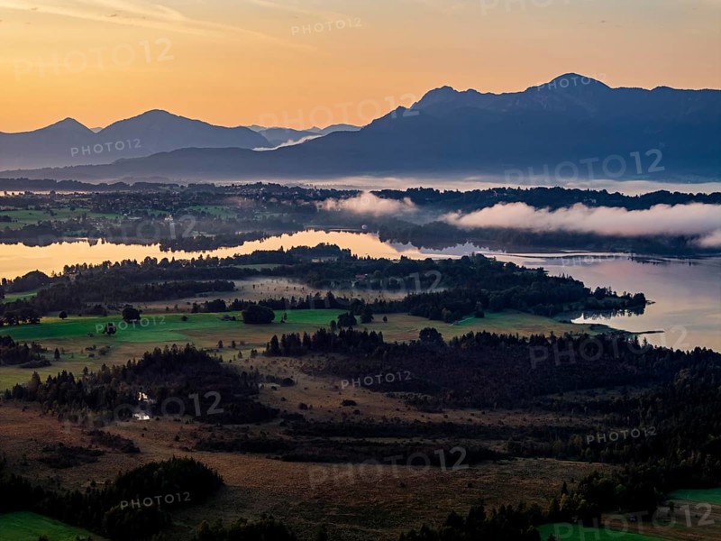 Lake, mountains, morning light, sunrise, fog, summer, Staffelsee, Murnau, Alpine foothills, Bavaria, Germany