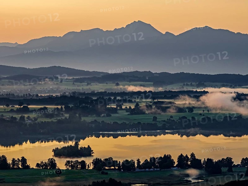 Lake, mountains, morning light, sunrise, fog, summer, Staffelsee, Murnau, Alpine foothills, Bavaria, Germany