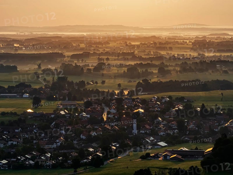 Place, houses, morning light, sunrise, fog, summer, Uffing am Staffelsee, foothills of the Alps, Bavaria, Germany