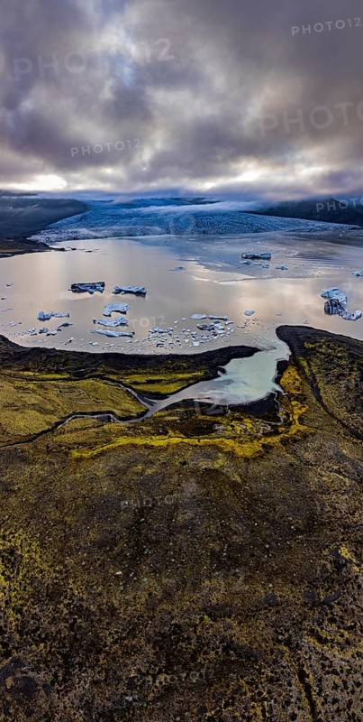 Glacier, glacial lake, cloudy mood, panorama, summer, fog, aerial view, Fjallsjökull, Iceland