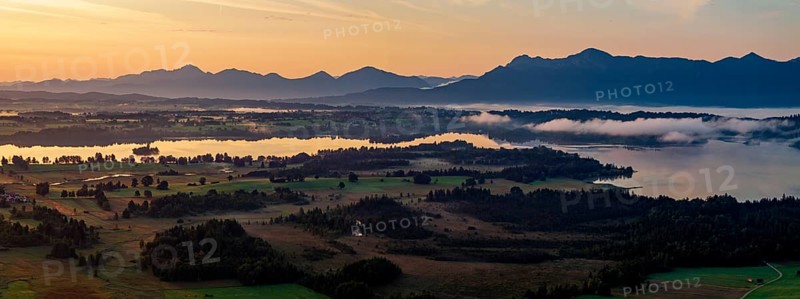 Lake, mountains, morning light, sunrise, fog, summer, panorama, Staffelsee, Murnau, Alpine foothills, Bavaria, Germany
