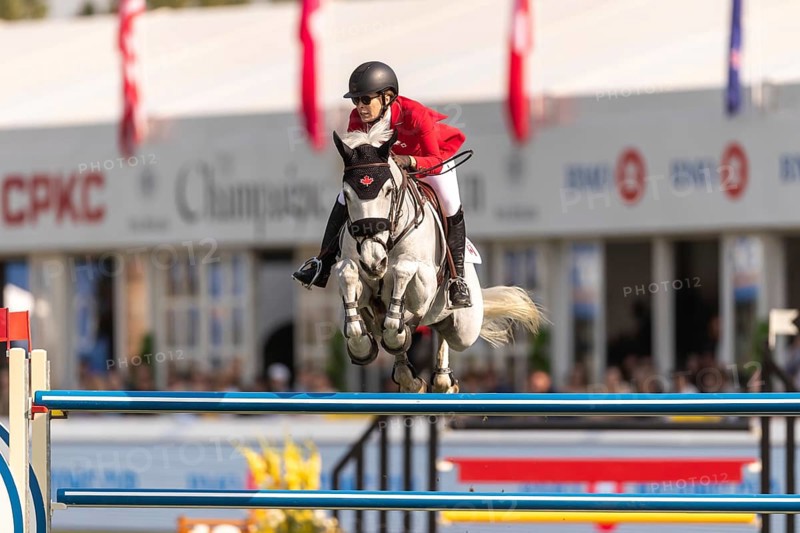 Susan Horn of Canada, riding, Dominka Van De Lucashoeve, competes in the first round of the 2025 BMO Nations Cup during the Spruce Meadows Masters on September 6, 2025 in Calgary, Alberta, Canada, North America