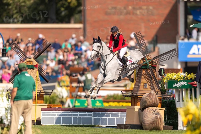 Katharina Rhomberg of Austria, riding Colestus Cambridge, competes in the first round of the 2025 BMO Nations Cup during the Spruce Meadows Masters on September 6, 2025 in Calgary, Alberta, Canada, North America