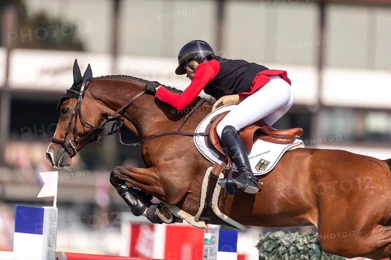 Sophie Hinners of Germany, riding Iron Dames Singclair, competes in the first round of the 2025 BMO Nations Cup during the Spruce Meadows Masters on September 6, 2025 in Calgary, Alberta, Canada, North America