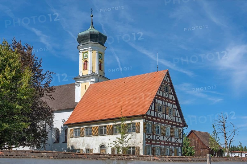 Hospital chapel in Bärenweiler from 1619 and pointed gable façade with half-timbering near Kisslegg, Allgäu, Baden-Württemberg, Germany