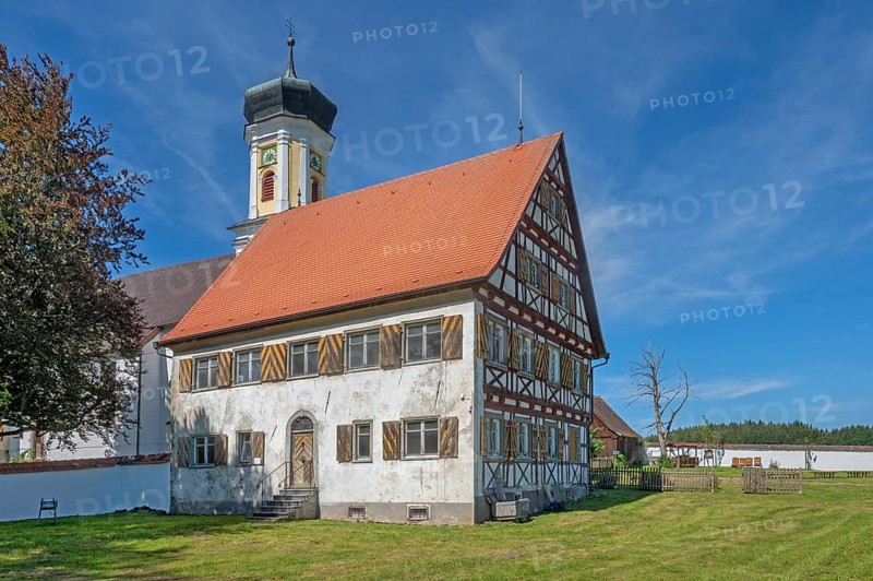 Hospital chapel in Bärenweiler from 1619 and pointed gable façade with half-timbering near Kisslegg, Allgäu, Baden-Württemberg, Germany