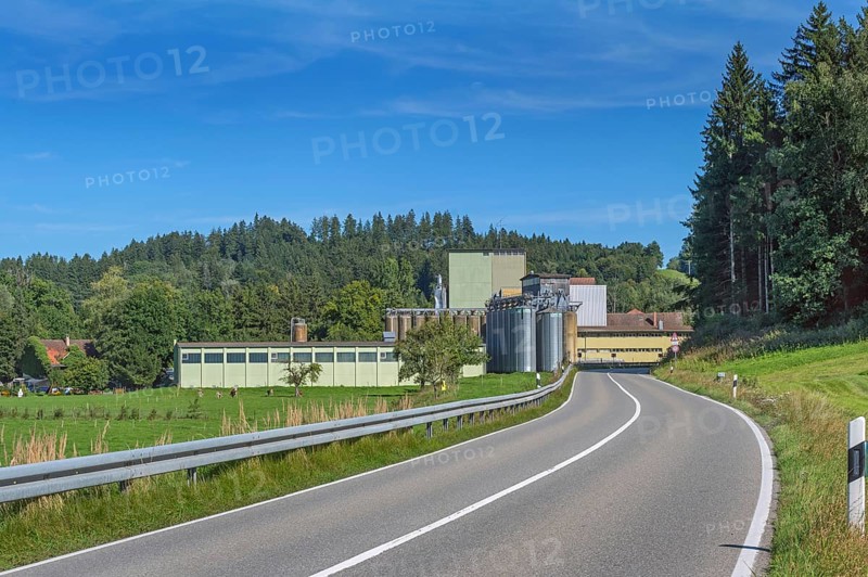 Blue sky, country road, mixed forest and factory with silo towers near Eglofs, Allgäu, Baden-Württemberg, Germany
