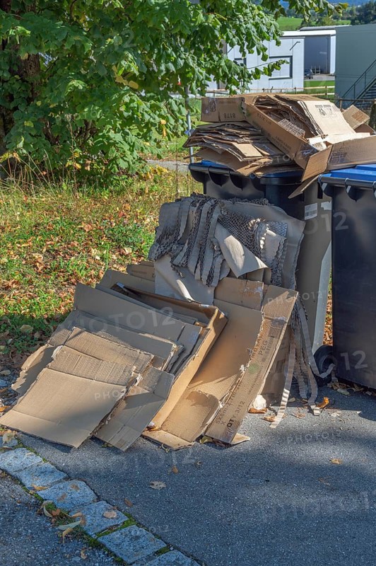 Overfilled paper bins in Eglofstal, Allgäu, Baden-Württemberg, Germany