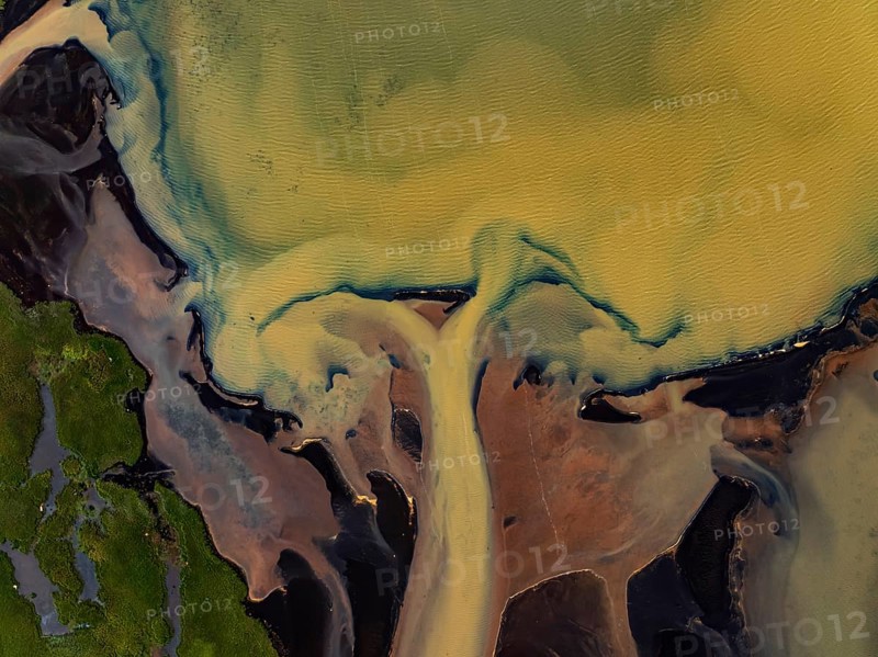 River, river course, river delta, branches, aerial view, wild river, summer, marshland, sediments, sulphur, South Iceland, Iceland